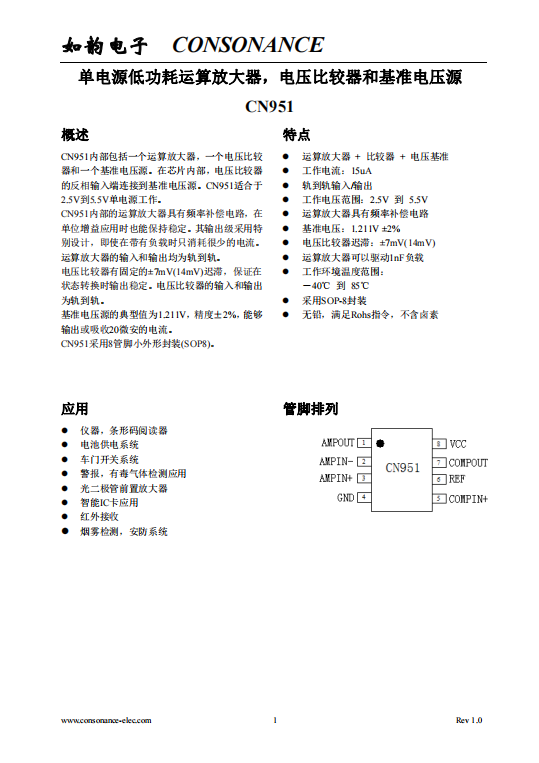 CN951：集成運祘放大器、電壓比較器與基準電壓源的單電源解決方案