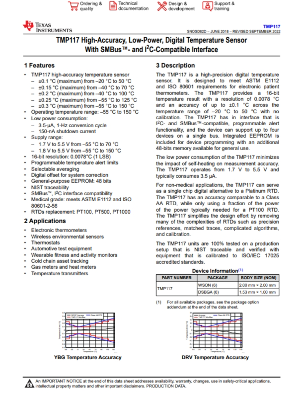 TMP117AIDRVR   48 位 EEPROM、可替代 PT100/PT1000 RTD 的 0.1°C 數(shù)字溫度傳感器